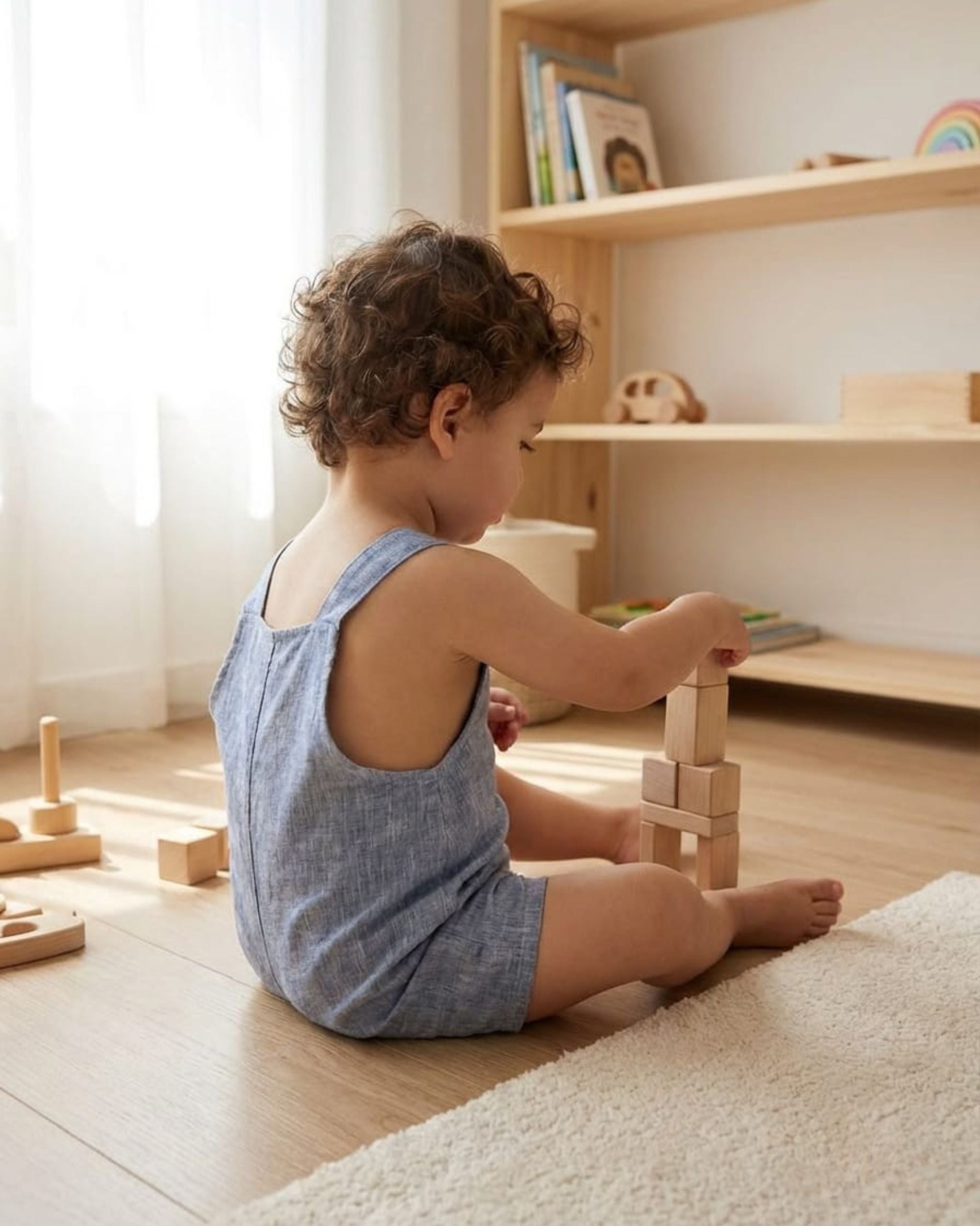 Child playing with wooden blocks in a room with shelves and toys.