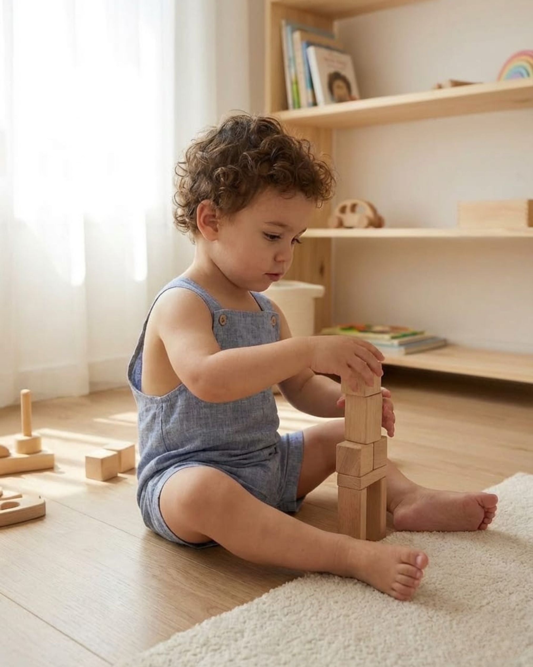 Child playing with wooden blocks in a room with shelves and books.