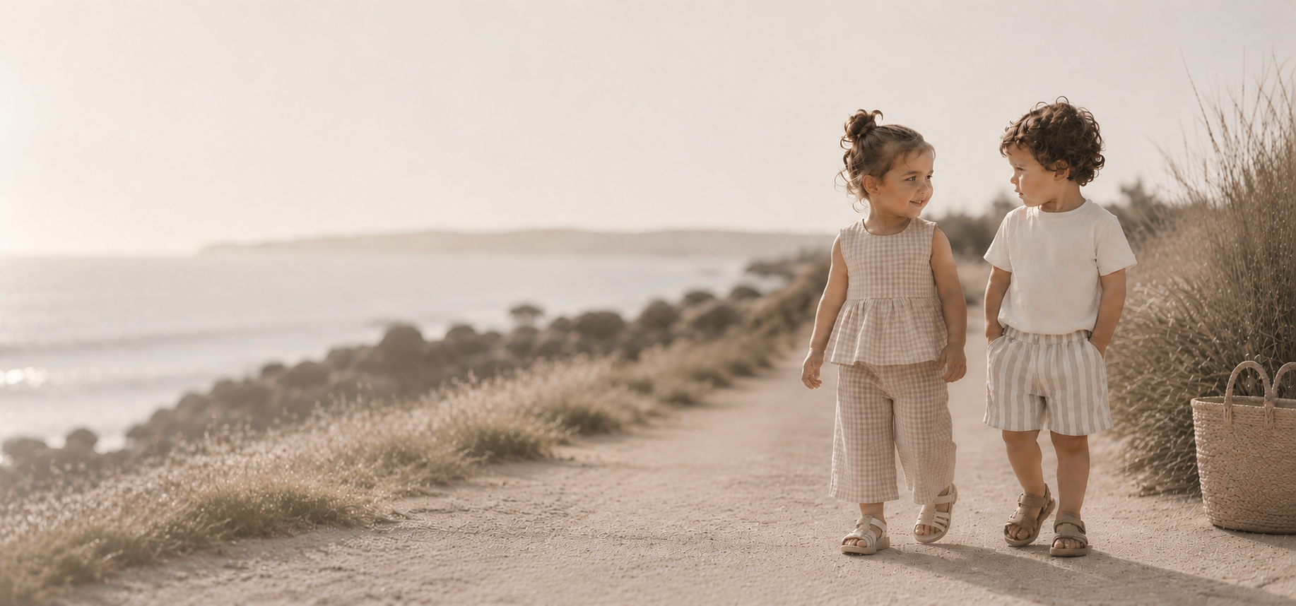Two children standing on a path near a body of water with a basket in the foreground.