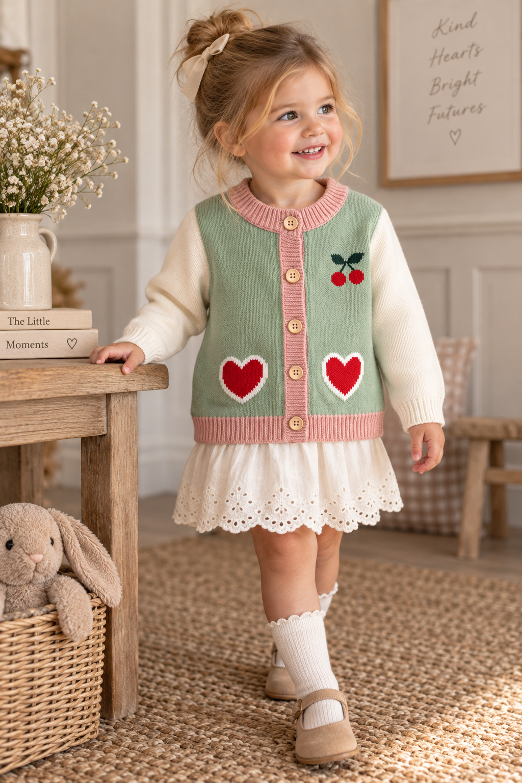 Girls Cherry Hearts Knitted Cardigan – Sage & Pink