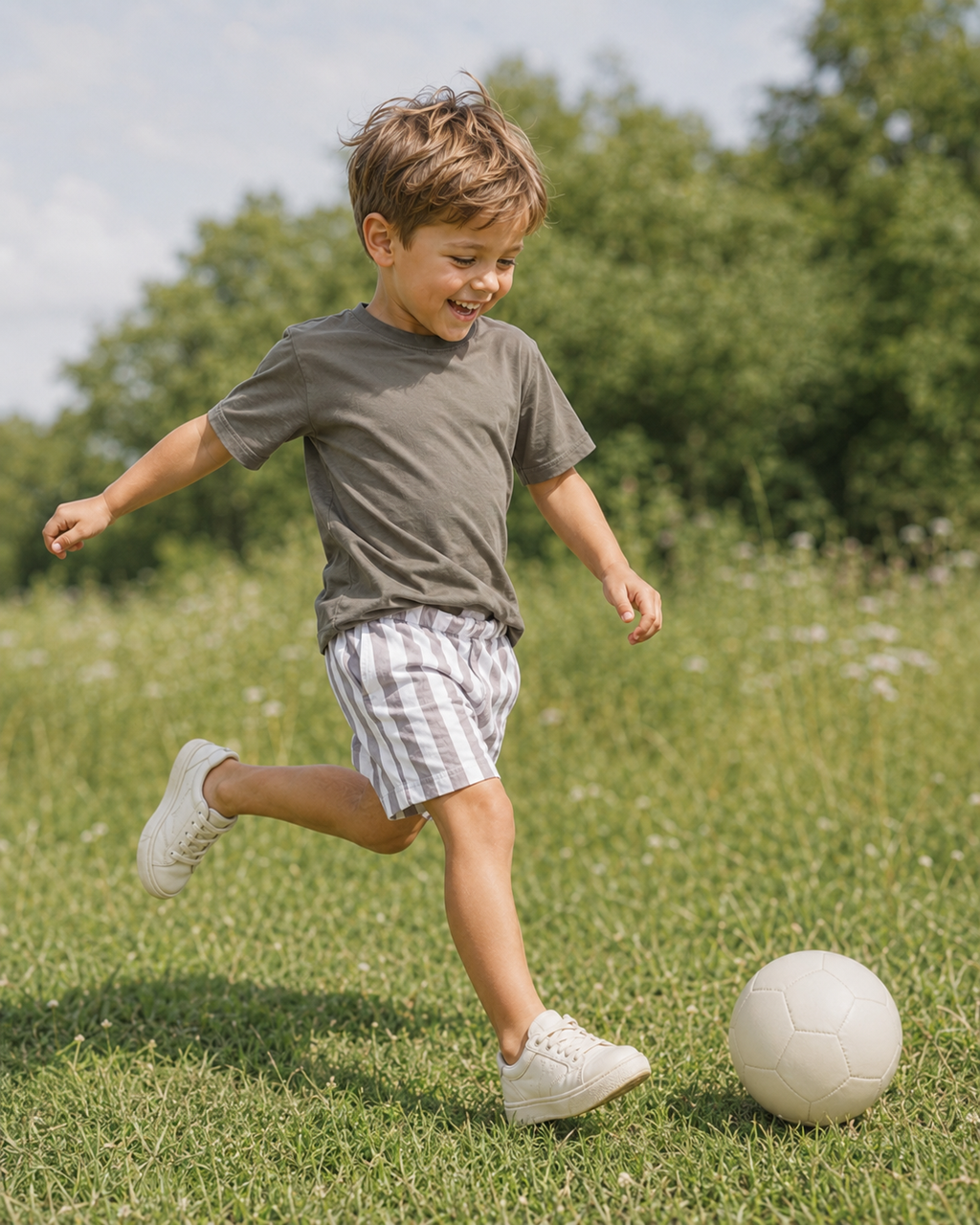 A young boy wearing a dark gray t-shirt, white and gray striped shorts, and white sneakers is running on a green grassy field while kicking a white soccer ball.