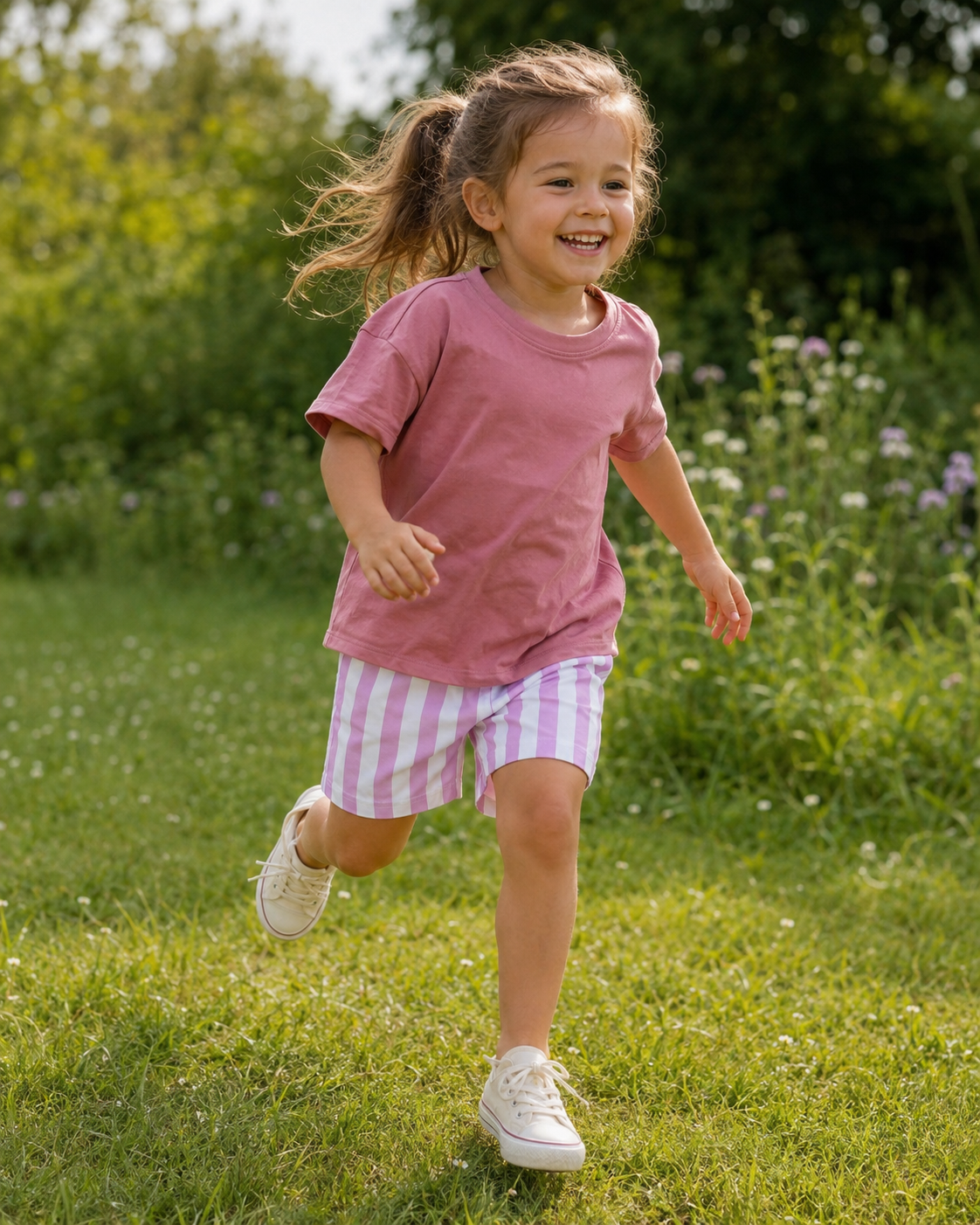 A young girl smiling and running on a green grassy lawn, wearing a dusty pink t-shirt, lavender and white striped shorts, and white sneakers.